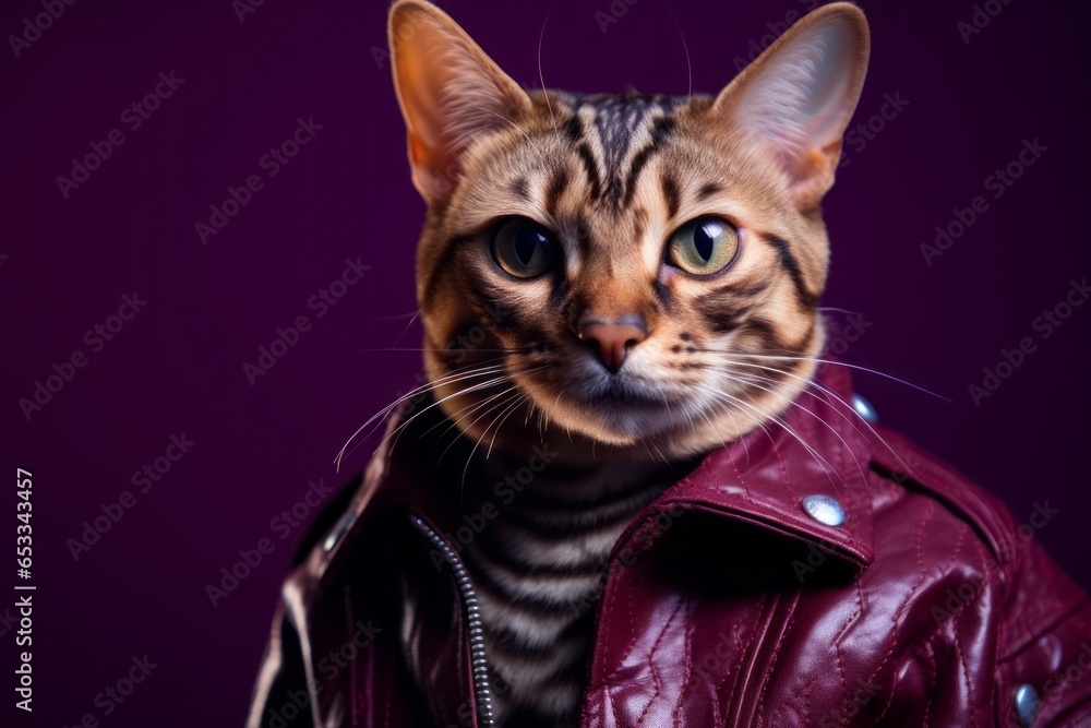 Close-up portrait photography of a funny bengal cat wearing a tiny leather jacket against a deep purple background. With generative AI technology Close-up portrait photography of a funny bengal cat wearing a tiny leather jacket against a deep purple background. With generative AI technology