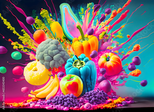 Abstract colorful fruits and vegetables acrylic paint maximalism digital art  Generative AI.