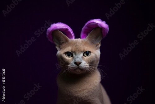 Conceptual portrait photography of a cute burmese cat wearing a rabbit ears headband against a deep purple background. With generative AI technology