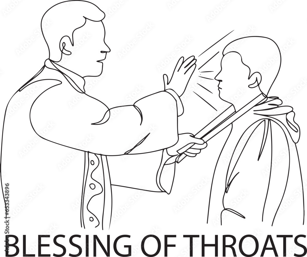 Continuous Line Sketch Drawing of Church Blessing of Throats, Church Ritual: Blessing of Throats - Sketch Clip Art, One-Line Drawing of Throat Blessing Ceremony in Church