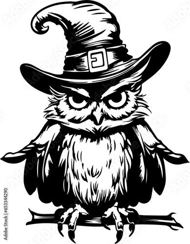 Owl in a witch hat, halloween scary owl Illustration on a transparent background