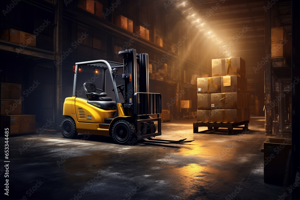 Forklift navigates warehouse roads amidst bustling logistics and storage operations.