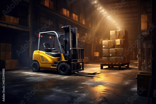 Forklift navigates warehouse roads amidst bustling logistics and storage operations. © swissa