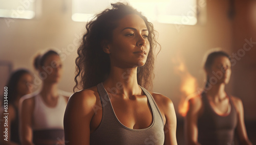 Yoga studio with lens flares, featuring serene faces of beautiful women practicing.