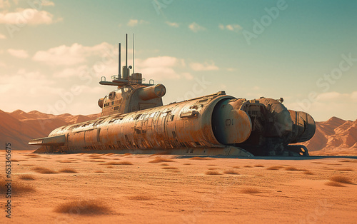 A submarine in the middle of the desert