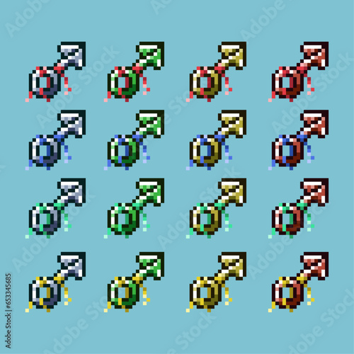 Pixel art sets of throwing weapon with variation color item asset simple bits of ninja dagger on pixelated style 8bits perfect for game asset or design asset element for your game design asset