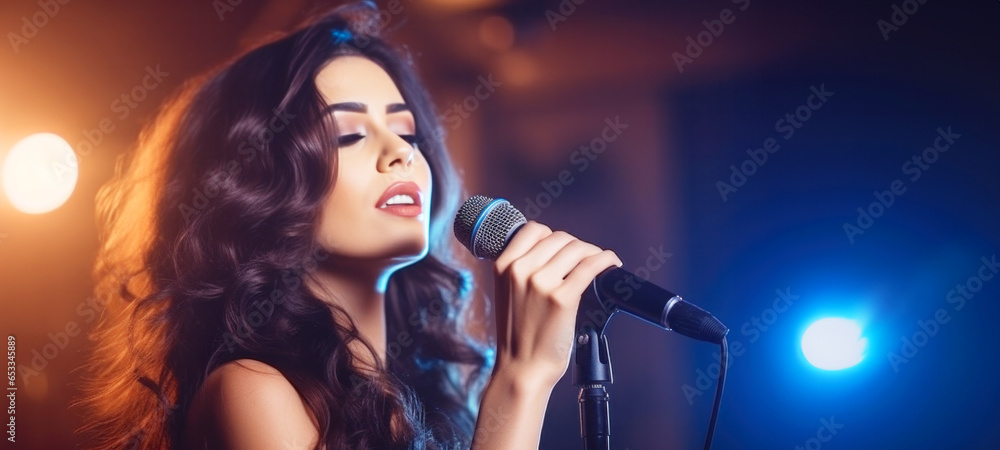 Musician singing into a microphone, enjoying, motivated weekend vacation, presenting event, having a party, concert, karaoke song on stage, recording music studio, dark background, smoke, spotlights - obrazy, fototapety, plakaty 