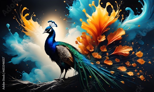 Peacock at Cosmic space background (JPG 300Dpi 12000x7200)