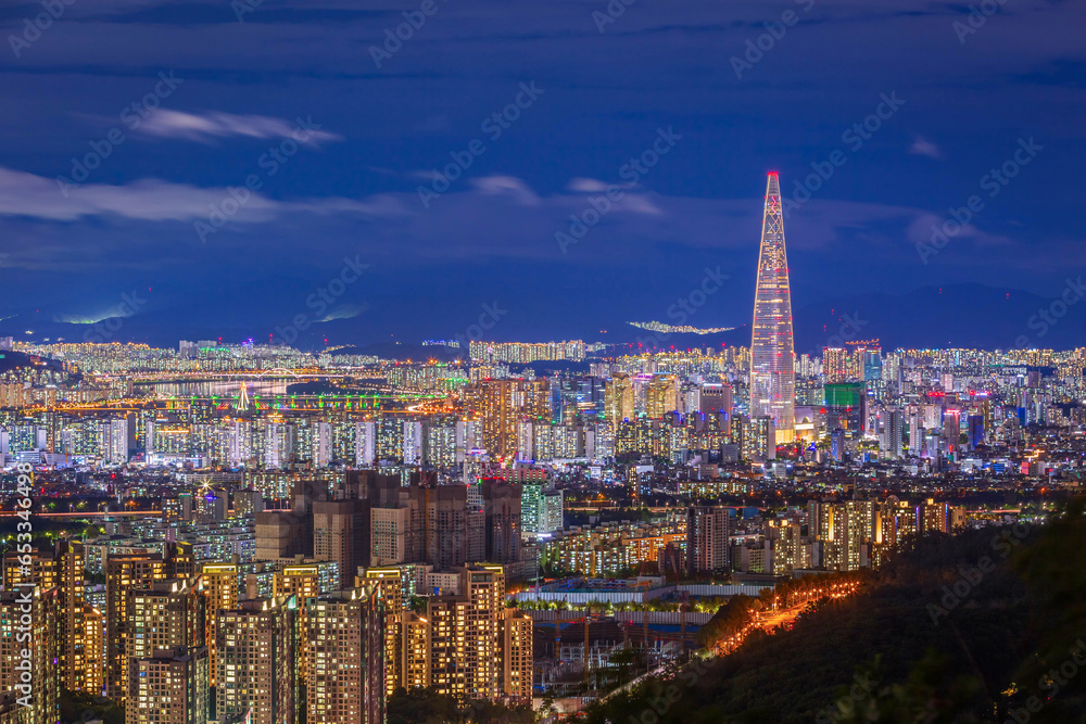 Seoul City skyline and downtown and skyscraper at night  is The best view and beautiful of South Korea.