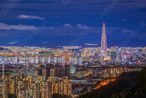 Seoul City skyline and downtown and skyscraper at night is The best view and beautiful of South Korea.