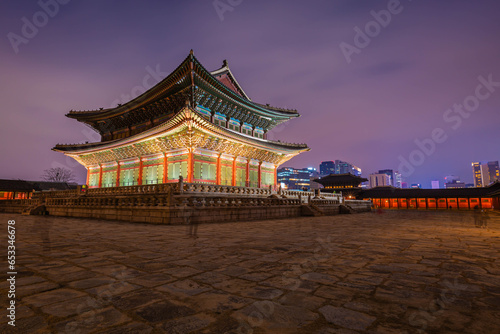 Gyeongbokgung Palace at night is beautiful  Seoul  South Korea.