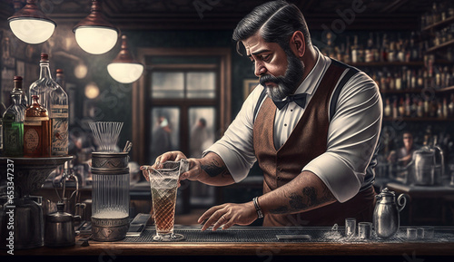 Bartender making drink behind the table