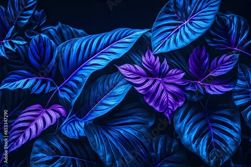 intense blue and violet tropical plant glowing neon. exquisite leaves close up, abstract nature background, dark blue and purple toned. Leaf details. Future, exotic, trendy concept. daring color lush photo