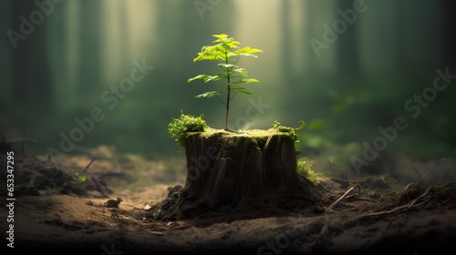 Fényképezés A young, vibrant tree sprouting from the center of an old, weathered tree stump, symbolizing resilience, rebirth, and the cyclical nature of life