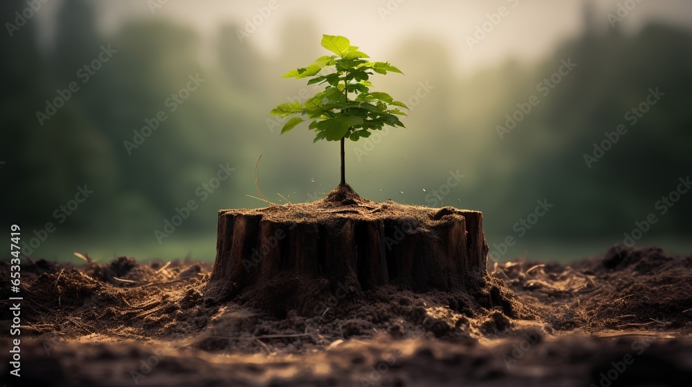 A young, vibrant tree sprouting from the center of an old, weathered tree stump, symbolizing resilience, rebirth, and the cyclical nature of life. Environmental conservation and sustainability. - obrazy, fototapety, plakaty 