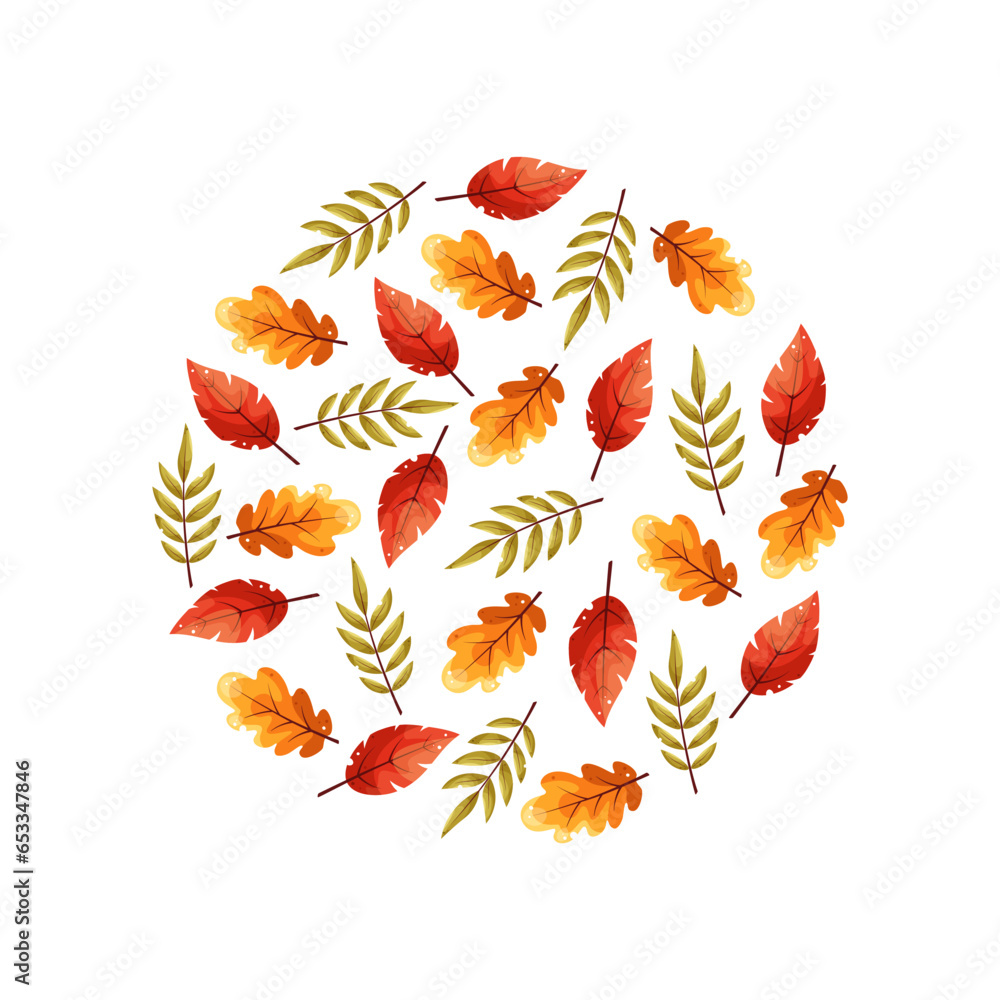 Obraz premium Wreath of autumn leaves. Background with hand drawn autumn leaves. Fall of the leaves. Sketch, design elements. Vector illustration. Design element for poster, web, flyers, invitation, postcard, Happy