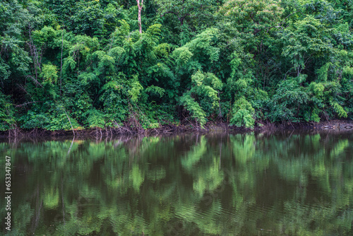 A small lake in Thailand surrounded by mountains with lush green forest and mist.