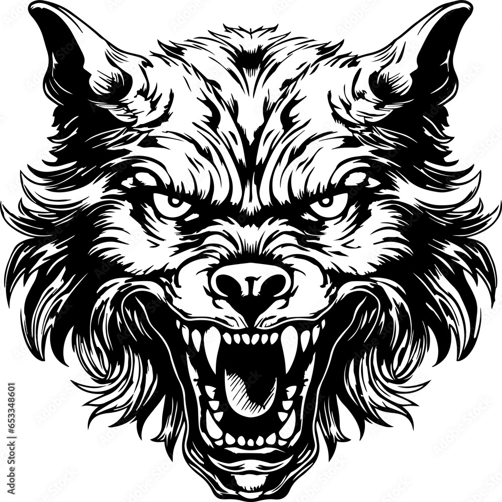 Fototapeta premium Scary Vintage Wolf Head, Hand drawn wolf head Illustration on a transparent background
