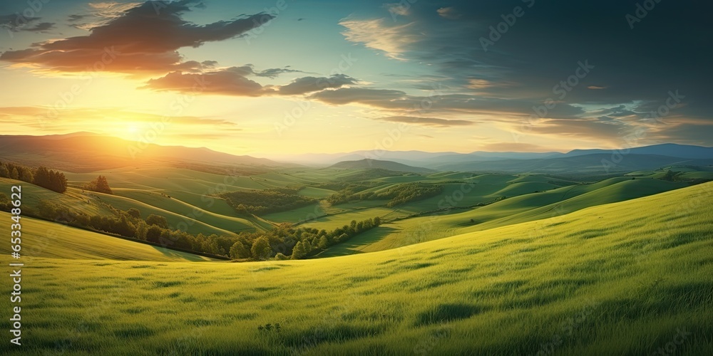 Rural tranquility. Sunset over green meadow. Sunrise splendor. Rolling hills and fields in countryside. Nature palette. Vivid summer scenery in tuscany