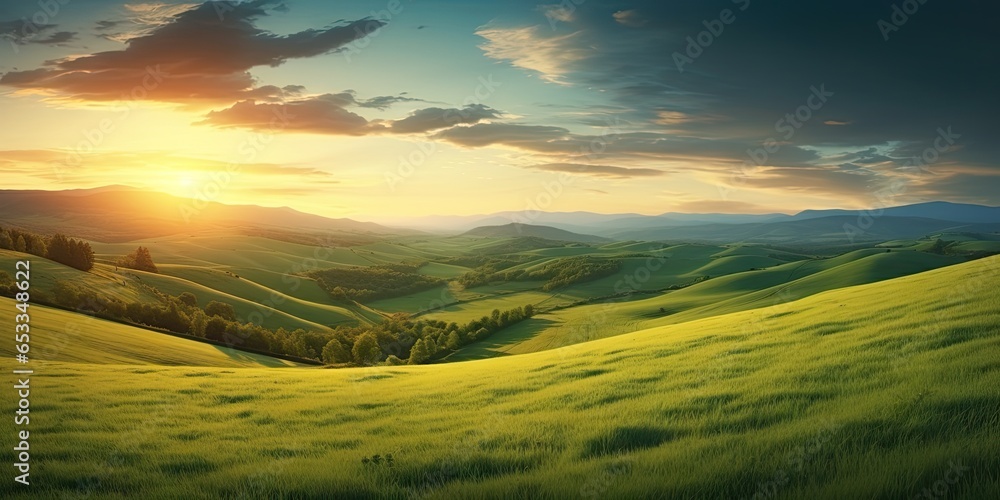Fototapeta premium Rural tranquility. Sunset over green meadow. Sunrise splendor. Rolling hills and fields in countryside. Nature palette. Vivid summer scenery in tuscany