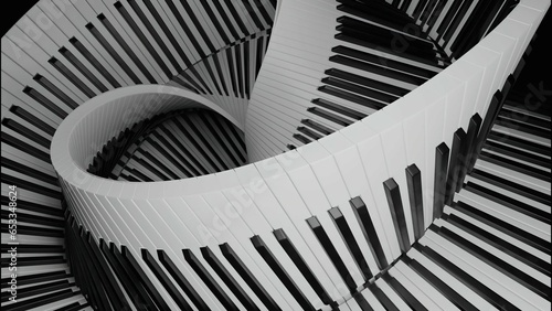 Optical illusion of the piano keyboard. Design. Piano keys creating a spiral, beautiful musical background.