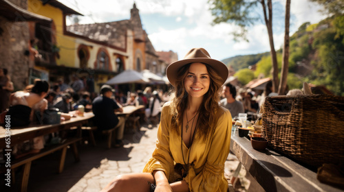 Portrait of a beautiful traveler woman in a hat sitting at a table in a cafe at Mexico Cuernavaca streets. photo