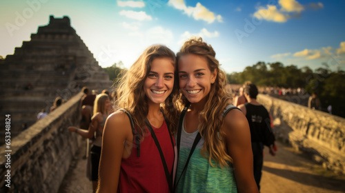 Portrait of two happy young women looking at camera and smiling while standing in front of pyramid in Yucatan, Mexico.