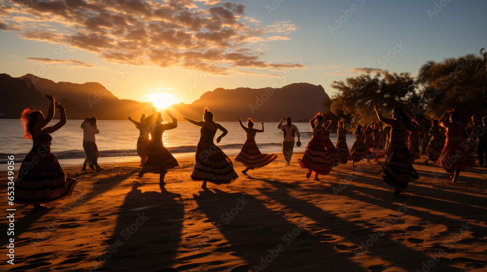 Silhouette of a group of latinos women dancing on the beach at sunset in Playa del Carmen.