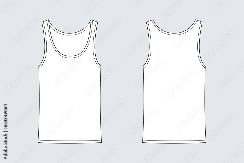 Female tank top vector template isolated on a grey background. Front and back view. Outline fashion technical sketch of clothes model. - obrazy, fototapety, plakaty 