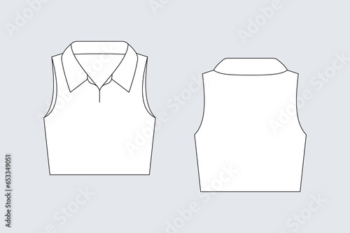 Female crop top vector template isolated on a grey background. Front and back view. Outline fashion technical sketch of clothes model.