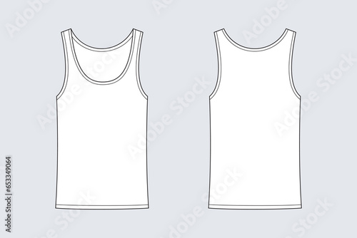 Female tank top vector template isolated on a grey background. Front and back view. Outline fashion technical sketch of clothes model.