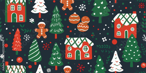 Christmas vector seamless pattern. Gingerbread man, candy cane, gingerbread house, candies, snowflakes on a winter background