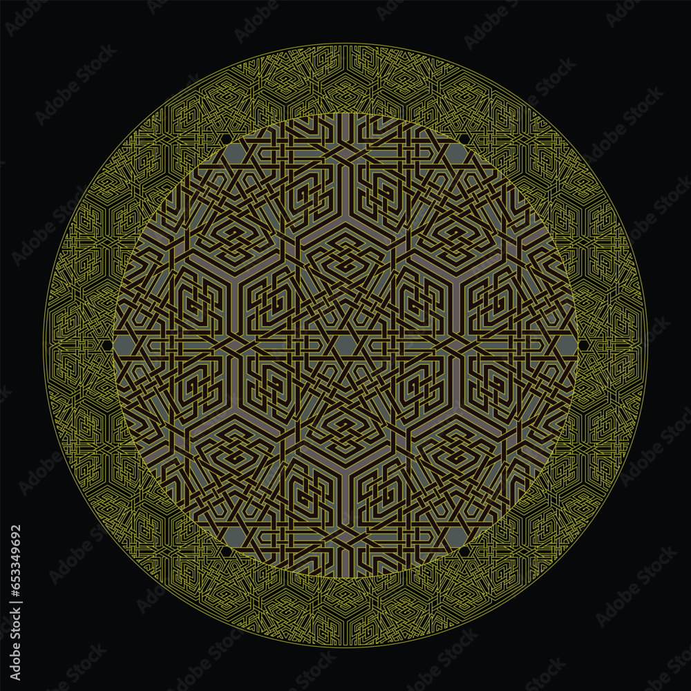 Hexagram star vector pattern ornament with circular circle and floral geometric background inside single huge circular heptagon lining vector background coloring book