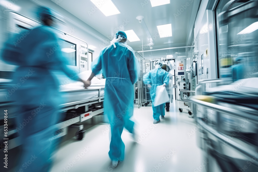 Hospital emergency team rush patient on gurney to the operation room. Patient being rushed into operating room in hospital by a group of doctors Hospital emergency team rush patient on gurney to the operation room. Patient being rushed into operating room in hospital by a group of doctors