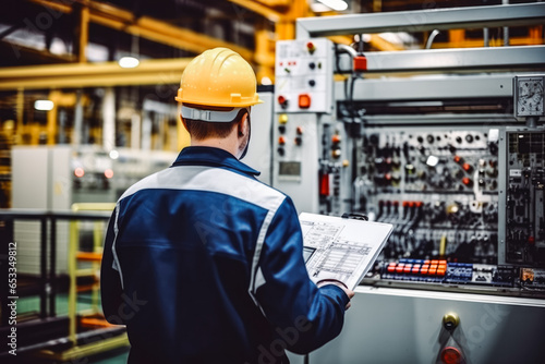 Engineers or factory managers wearing safety helmet. Portrait of smiling man with tablet wearing yellow hard hat