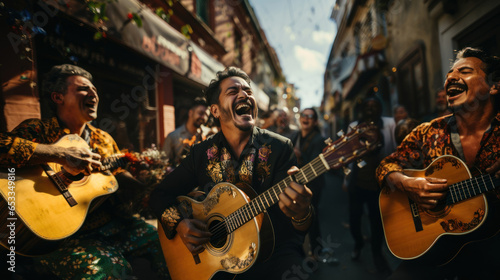 Group of mexican musicians playing guitar in the street  Isla Mujeres.