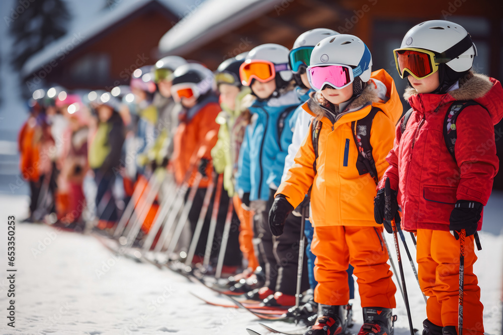 Ski school children in line. Happy children. Children learning how to ski with their coach. Ski holiday, Children learning to ski Bavaria, Germany. - obrazy, fototapety, plakaty 