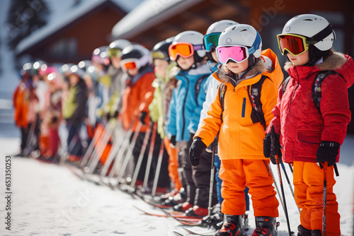 Ski school children in line. Happy children. Children learning how to ski with their coach. Ski holiday, Children learning to ski Bavaria, Germany.