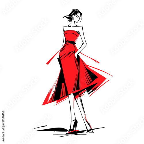 Fashion Sketch vector icon in minimalistic, black and red line work, japan web