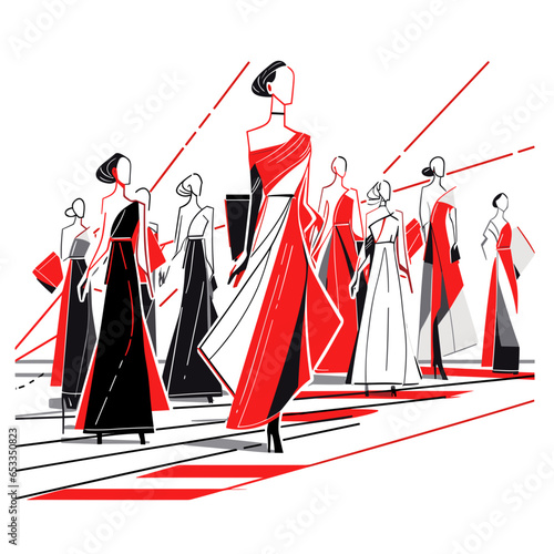 Fashion Show Runway vector icon in minimalistic, black and red line work, japan web