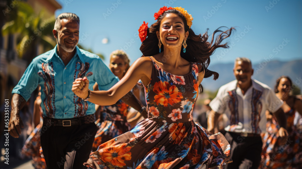 Group of people dancing at Madeira Wine Festival in Funchal on Madeira Island, Portugal. - obrazy, fototapety, plakaty 