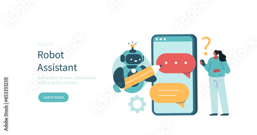 Robot assistant concept. Character communicating to chat bot made with neural network technology. Vector illustration.