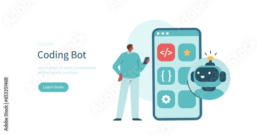 Programming concept. Character using chat bot made with neural network technology as coding and programming assistant. Vector illustration.