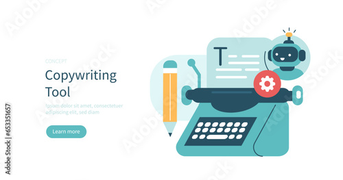 Copywriting concept. Chat bot made with neural network technology writing text as copywriting assistant. Vector illustration.