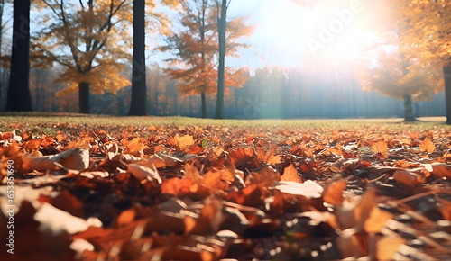 A carpet of fallen orange autumn leaves in the park. Beautiful autumn landscape with yellow trees and sun. Colorful foliage in the park. 
