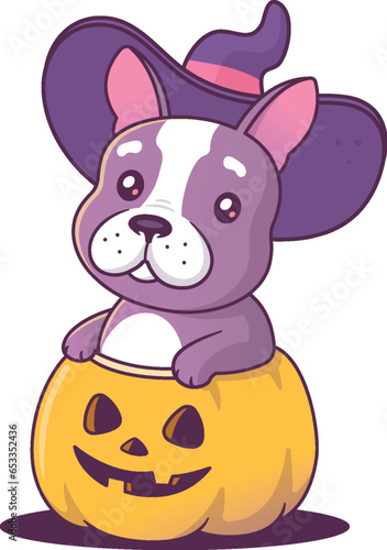 Cute frenchie  french bulldog  puppy wearing a witch hat Halloween costume  inside a Jack o lantern candy bucket for trick or treat vector cartoon illustration isolated on white