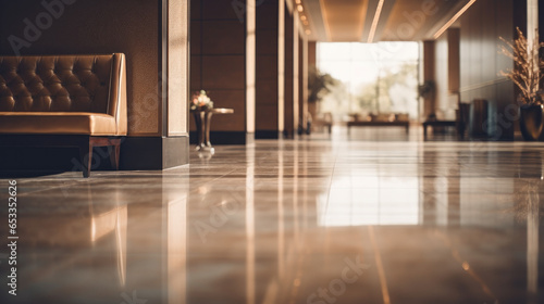 Contemporary Hospitality: Empty Hotel Lobby with Minimalist Interiors and Blurred Effect Background