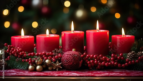 Burning red candles with christmas decoration on wooden table