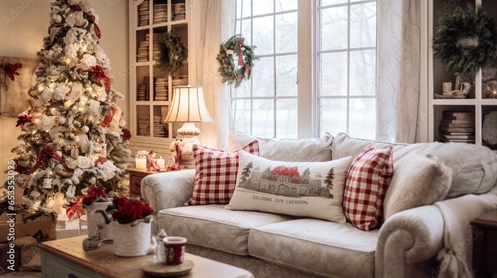 A cozy cottage living room with vintage Christmas decor, featuring antique ornaments and a nostalgic holiday tree.