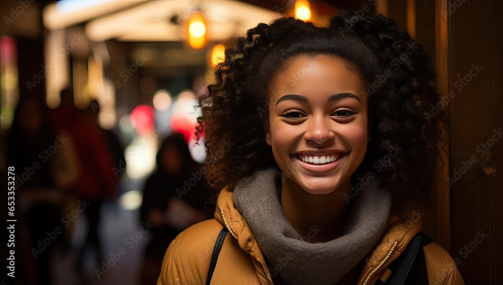Portrait of a young african american woman with afro hairstyle in the city